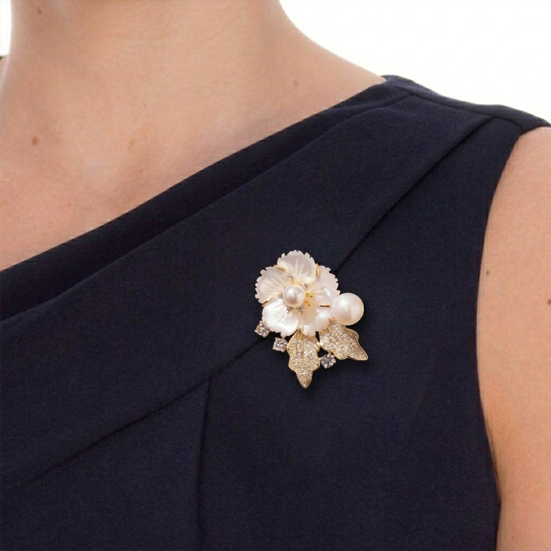 Shell Pearl & Crystal Bloom Brooch - Image 3