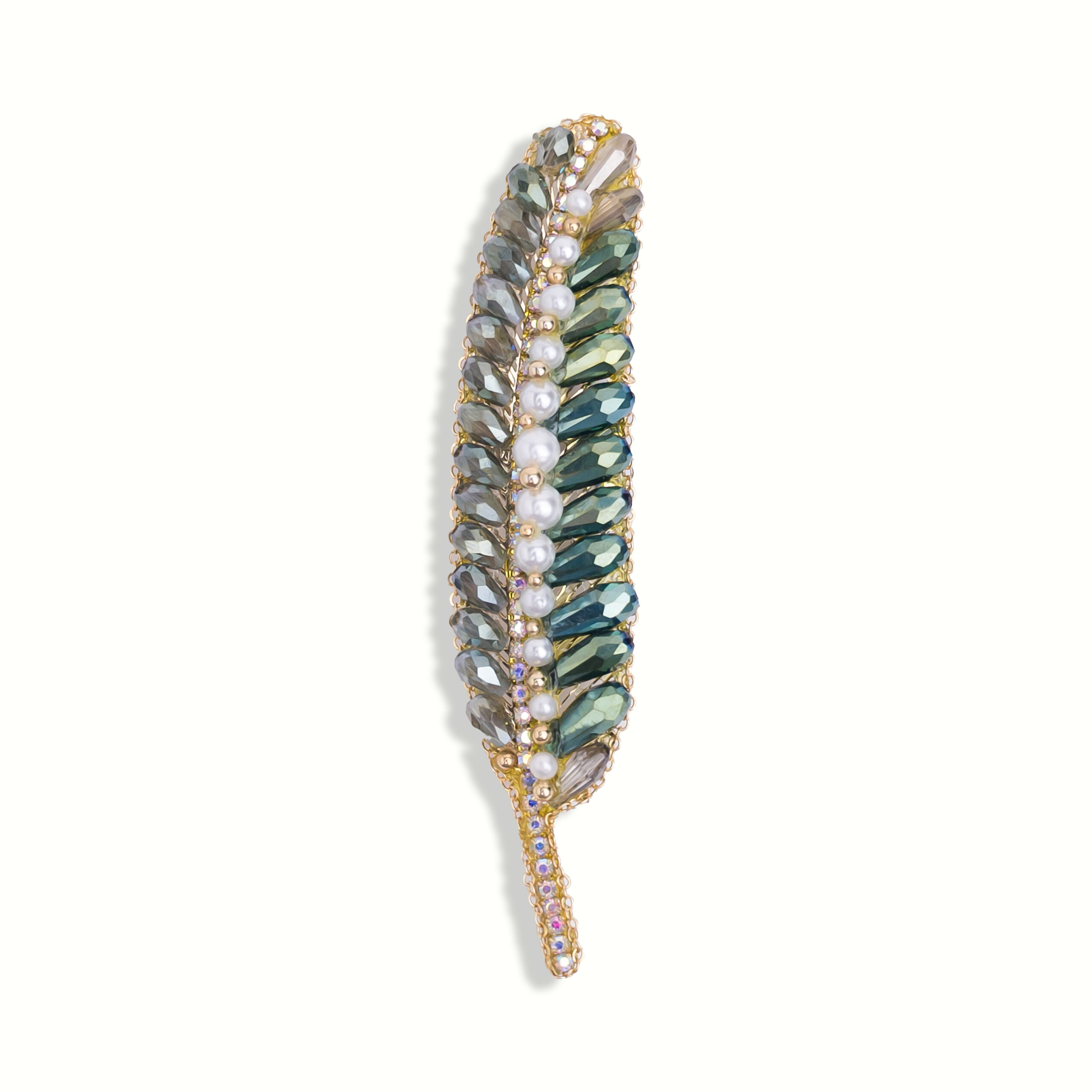 Crystal & Pearl Leaf Brooch - Image 2