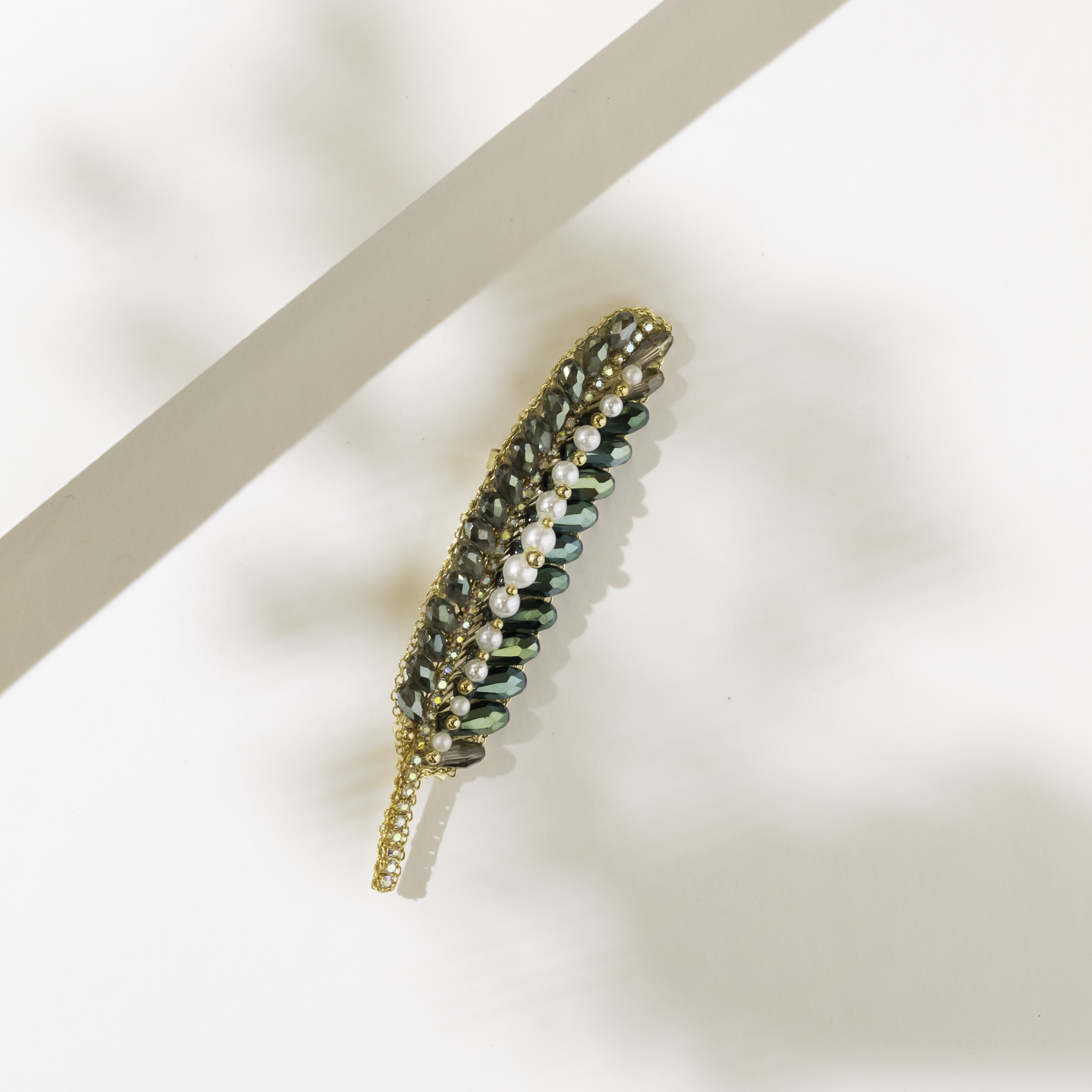 Crystal & Pearl Leaf Brooch - Image 3