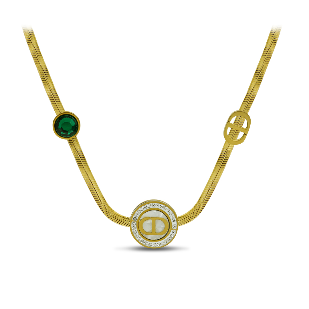 Medallion & Emerald Accent Herringbone Necklace